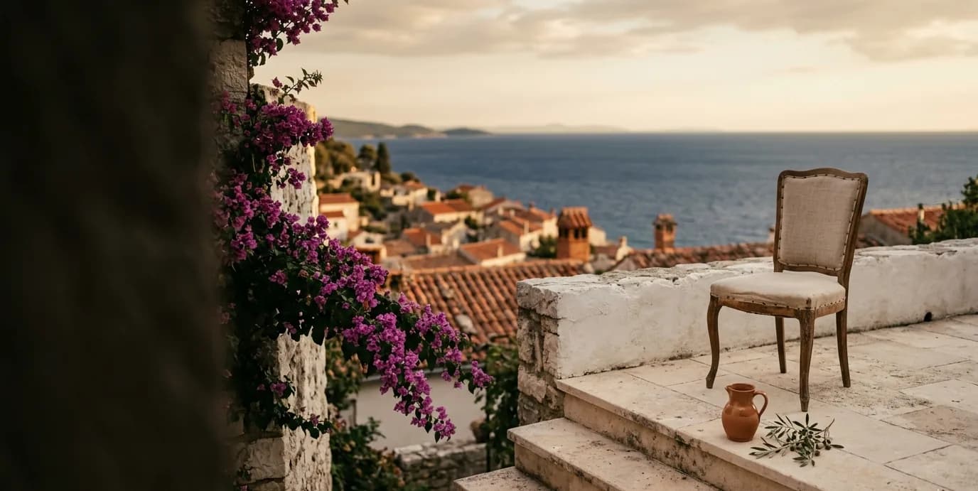 A linen chair on a stone terrace overlooking the Adriatic at golden hour
